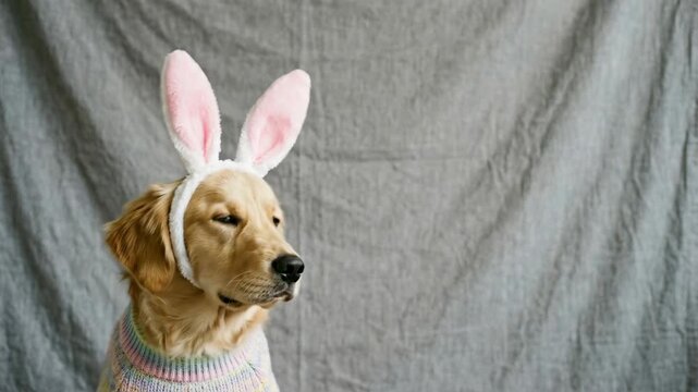 Adorable Golden Retriever Puppy Wearing Bunny Ears for Easter Celebration.