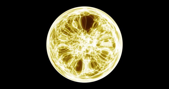 Seamless loop. An abstract luminous sphere demonstrates the dynamic motion of particles moving in a circle. The internal structure of many intertwining lines and dots alternately disintegrates and ref
