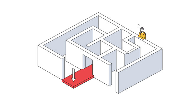 Isometric view of a person standing at the top of a white maze looking confused while a red path indicates the way out.