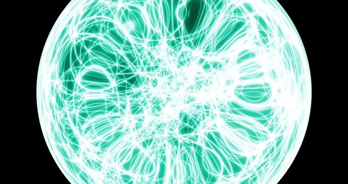 Seamless loop. An abstract luminous sphere demonstrates the dynamic motion of particles moving in a circle. The internal structure of many intertwining lines and dots alternately disintegrates and ref