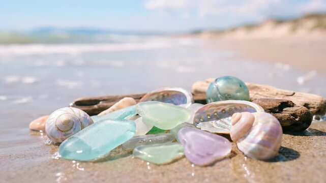 Colorful sea glass on sunny beach with shells.