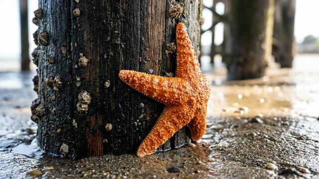 Orange starfish clings to weathered wooden pier piling at low tide.