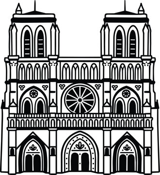 Line art black and white notre dame cathedral facade with rose window and twin towers vector art