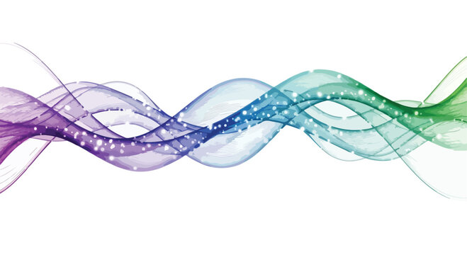 Abstract flowing wave with purple blue and green gradient and sparkles on white background