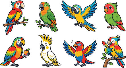 Colorful parrot cartoon set featuring tropical birds, macaw and cockatoo characters, flying and perched poses in vibrant flat vector illustration style © MdMostafijur