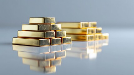Fototapeta premium Shiny Gold Bars Stacked on a Reflective Surface with Soft Lighting