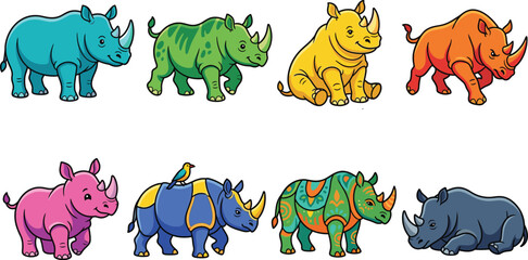 Colorful rhinoceros cartoon set featuring cute rhino characters, wildlife animals in different poses with decorative patterns in vibrant flat vector illustration style © MdMostafijur