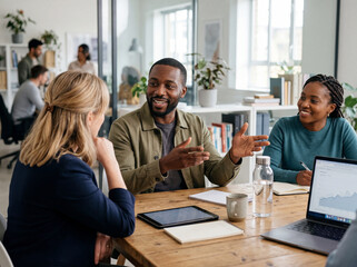 Fototapeta premium Diverse business team discussing ideas in a modern office meeting