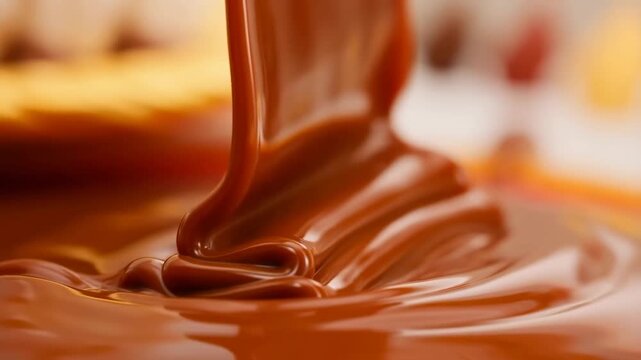 Slow motion close up of melted chocolate pouring and folding into glossy pool on kitchen countertop indoor studio lighting