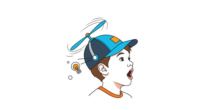 Surprised young boy wearing blue propeller hat with spinning blade and glowing lightbulb idea icon above head.