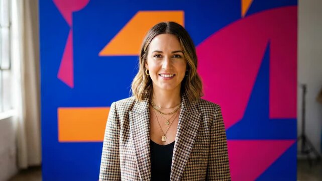 Friendly Professional Woman Posed In Bright Colorful Mural Background.
