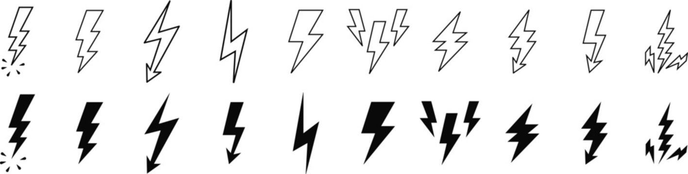Collection of lightning bolt line icons. includes various styles of thunderbolts and electric flashes. power and energy symbols.