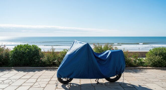 a blue motorcycle cover on a bike parked on a stone patio by the ocean on a sunny day with clear blu