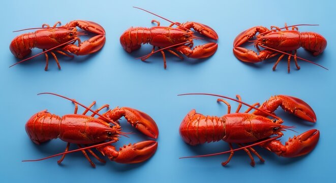 six bright red lobsters on a blue background for seafood concept crustaceans on a blue surface red c