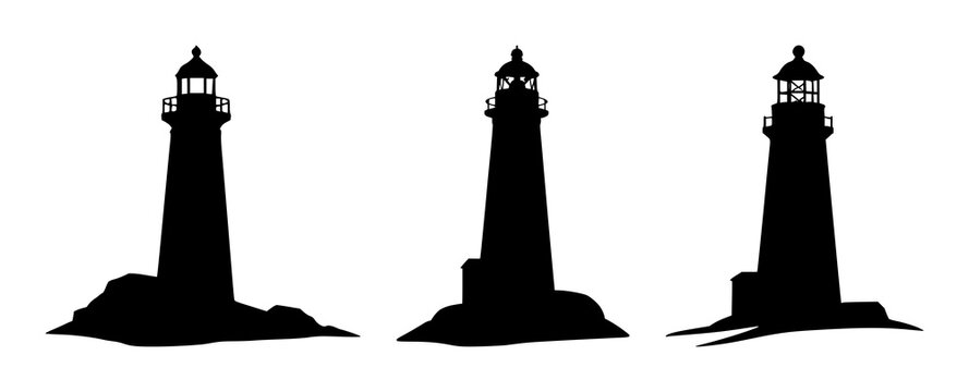 Lighthouse icon set with solid black icon on white background featuring lighthouse, navigation, maritime with outline and silhouette