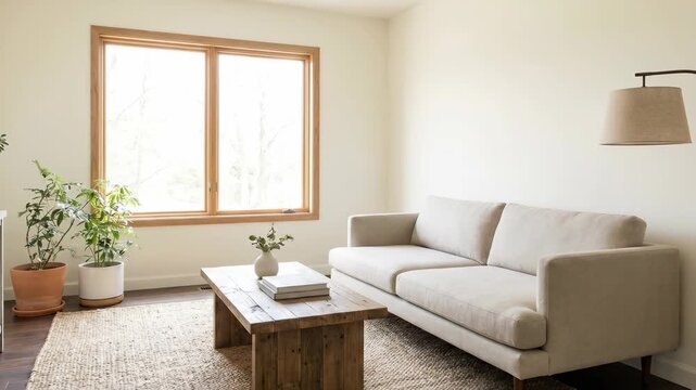 Cozy living room with sofa and coffee table near window.