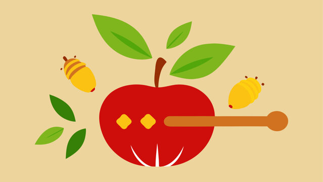 Bright red apple with green leaves and a wooden stick