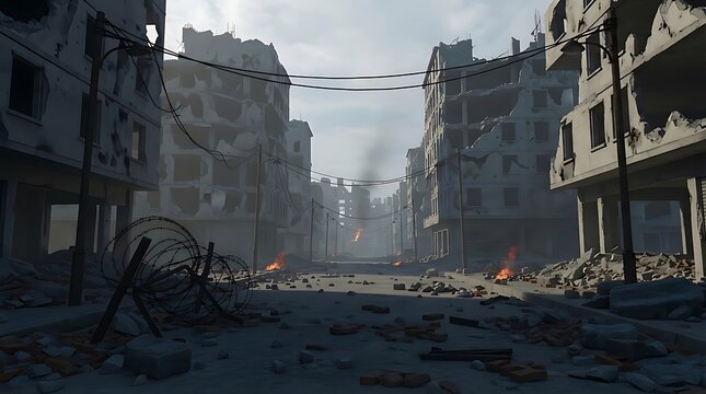 A desolate urban street scene with destroyed buildings, debris, burning fires, and barbed wire in a post-apocalyptic environment