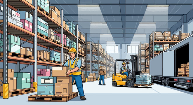 Workers unload boxes from truck in large warehouse with shelves and forklift