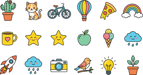 Fototapeta premium Cute doodle icon set featuring everyday objects, animals, food, weather, and fun lifestyle elements in colorful hand drawn flat vector illustration style