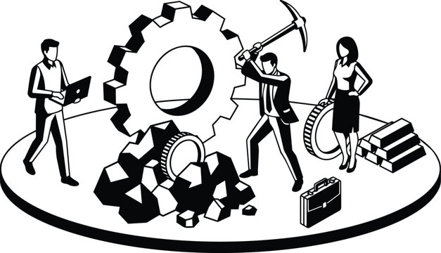 Black and white vector gear mining scene with businessman swinging pickaxe and colleagues