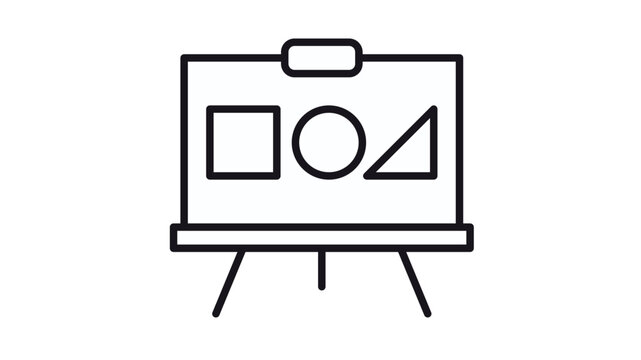 Minimalist black vector icon of a presentation whiteboard on an easel featuring basic geometric shapes like a square, circle, and triangle, perfect for education, teaching, and business concepts.