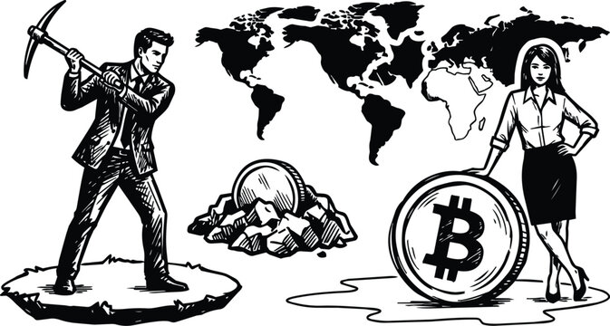 Black and white line art businessman mining bitcoin woman leaning on coin world map background