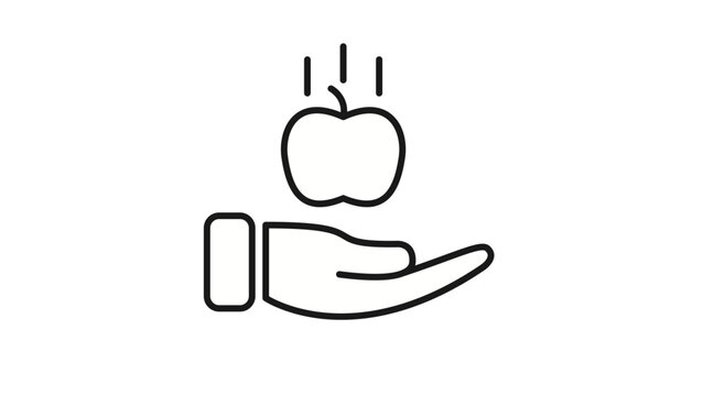 Minimalist black line art vector icon of an apple falling into an open hand, symbolizing gravity, Isaac Newton's scientific discovery, physics, healthy eating, and nature. Scalable illustration.