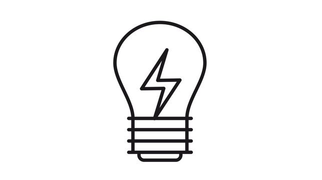 Minimalist black vector icon illustration of a light bulb featuring a lightning bolt symbol inside, representing electrical power, energy efficiency, and creative innovative ideas.