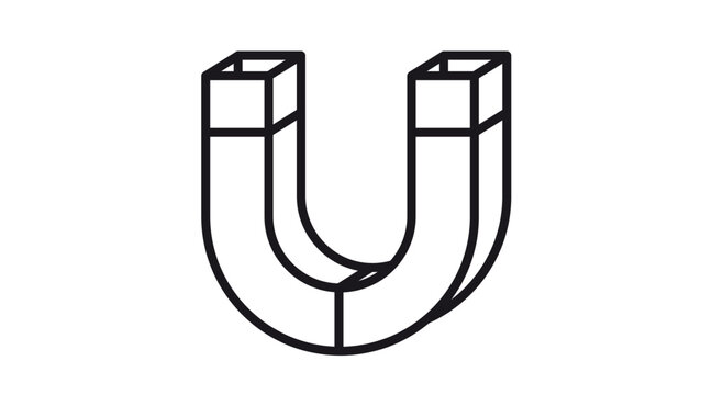 U-bend permanent magnet rendered in bold three-dimensional line art, evoking electromagnetic attraction, polar field dynamics, and applied physics for science education and laboratory reference