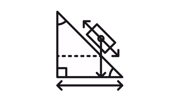 Physics inclined plane vector icon, block on a ramp with force arrows representing gravity, friction, and normal force, educational science diagram illustration, minimalist black silhouette.