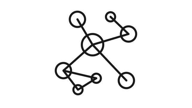 Minimalist black vector icon illustration of a network structure or molecular connection, featuring nodes and links on a white background, ideal for technology, science, and data concepts.