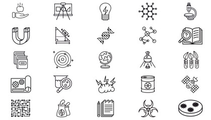 Science and Education Vector Icon Set: 25 Black Minimalist Symbols for Physics, Chemistry, Biology, Technology, and Engineering. Includes DNA, Microscope, Laboratory Flask, and Nuclear Power Plant. © Omar