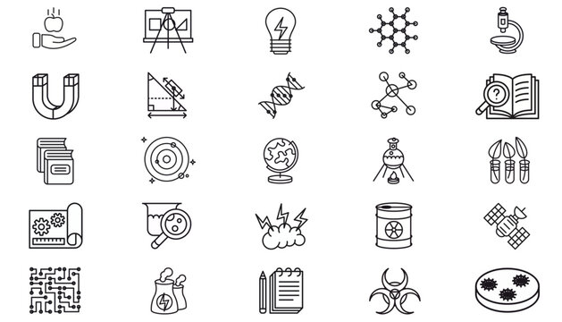 Science and Education Vector Icon Set: 25 Black Minimalist Symbols for Physics, Chemistry, Biology, Technology, and Engineering. Includes DNA, Microscope, Laboratory Flask, and Nuclear Power Plant.