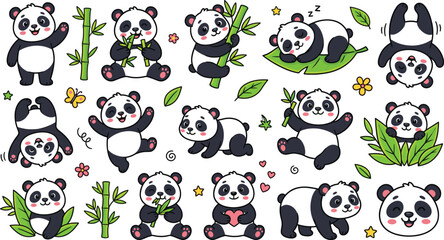 Cute panda cartoon set featuring playful bamboo eating bears, adorable characters, different poses in colorful flat vector illustration style © MdMostafijur