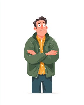 Emotional man with a nervous expression in a simple flat design, conveying feelings of anxiety and uncertainty in a conceptual illustration
