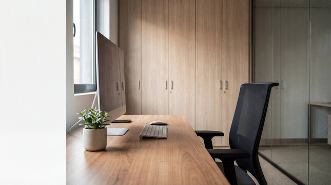 Neat, ergonomic workstation with computer monitor and minimalist plant, set against warm wooden cabinets.