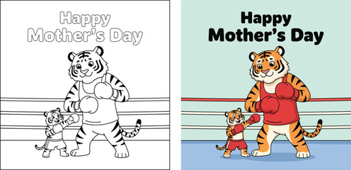 Fototapeta premium Mothers Day tiger boxing scene with cute baby character cartoon outline style