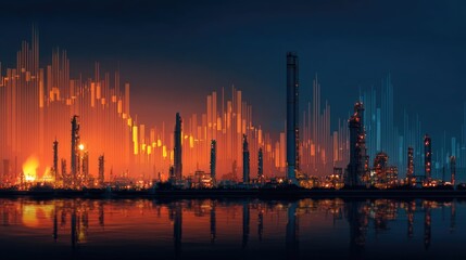 Fototapeta premium Industrial Cityscape at Night with Colorful Lights and Reflection