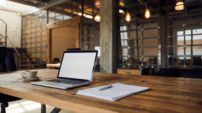 Open laptop with blank white screen on a rustic wooden desk with coffee and documents in a modern office.