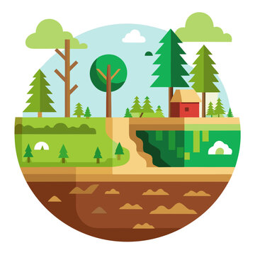 Flat Forest Landscape with Red Cabin Illustration