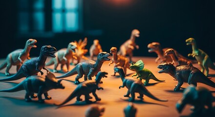 Obraz premium Group of toy dinosaurs gathered.