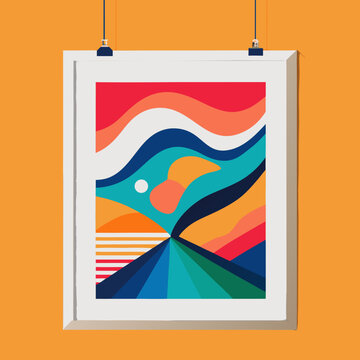 Vibrant Abstract Artwork Hanging on Orange Background