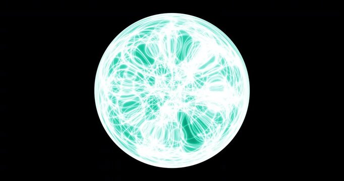 Seamless loop. An abstract luminous sphere demonstrates the dynamic motion of particles moving in a circle. The internal structure of many intertwining lines and dots alternately disintegrates and ref