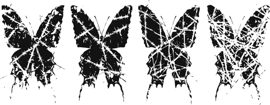 Grunge butterfly silhouettes set distressed textured insect wings black ink splatter art collection vintage worn effect design