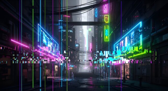 Cyberpunk Cityscape with Glitching Neon Signs and Digital Rain
