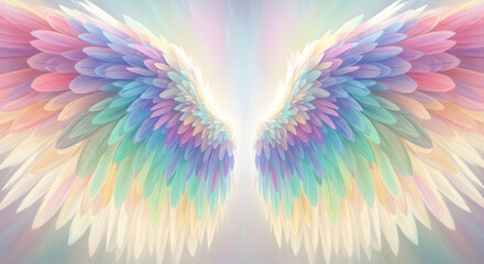 Pastel gradient angel wings. Beautiful, majestic angel wings spread open, featuring soft feathers in a dreamy pastel rainbow gradient, radiating light and a sense of magic and spirituality.