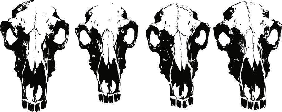 black and white animal skull silhouettes in a repeating pattern gothic, spooky, horror design with creepy skeletal theme