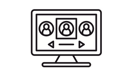 Black line vector icon illustration of a computer monitor screen displaying a user profile selection carousel with three person avatars, navigation arrows, and a scroll bar for interface design. © Saad