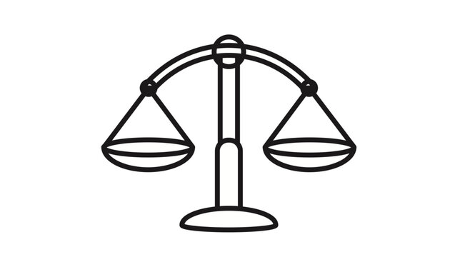 Black vector icon of a balance scale of justice, minimalist line art illustration representing law, fairness, and legal judgment, isolated on a white background for graphic design and web use.